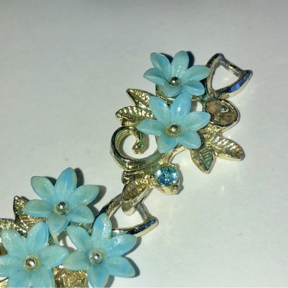 Vintage Silver Tone Blue 3D Flower CZ Rhinestone Classic 50s 60s Boho Bracelet - Picture 4 of 7